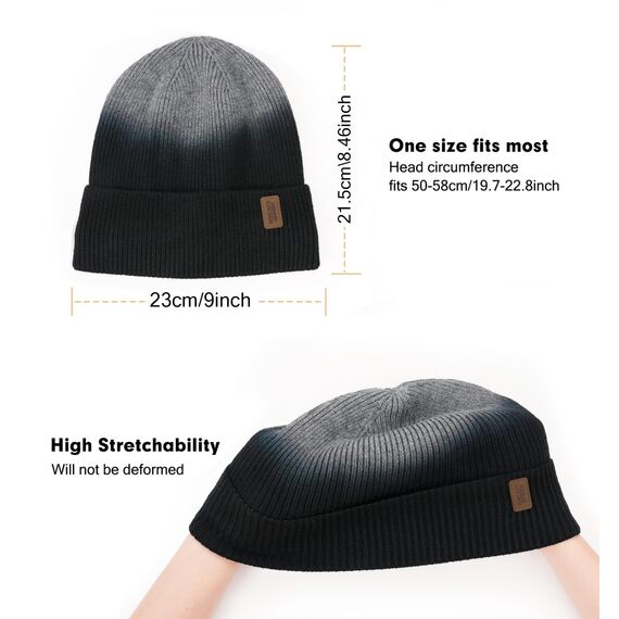 Wmcaps Beanie Mütze, Herren Winter Warme Unisex Wintermütze Strickmütze Dehnbare Weiche Wollmütze mit Bündchen und Dickem Warmem Futter Geschenke für Freundin männer Frauen, Tie-Dye Schwarz Grau