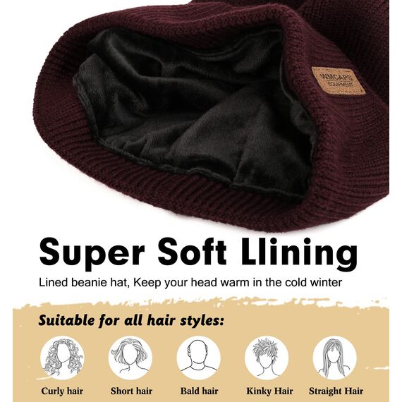 Wmcaps Beanie Mütze, Herren Winter Warme Unisex Wintermütze Strickmütze Dehnbare Weiche Wollmütze mit Bündchen und Dickem Warmem Futter Geschenk für Freundin männer Frauen (Burgunderrot)