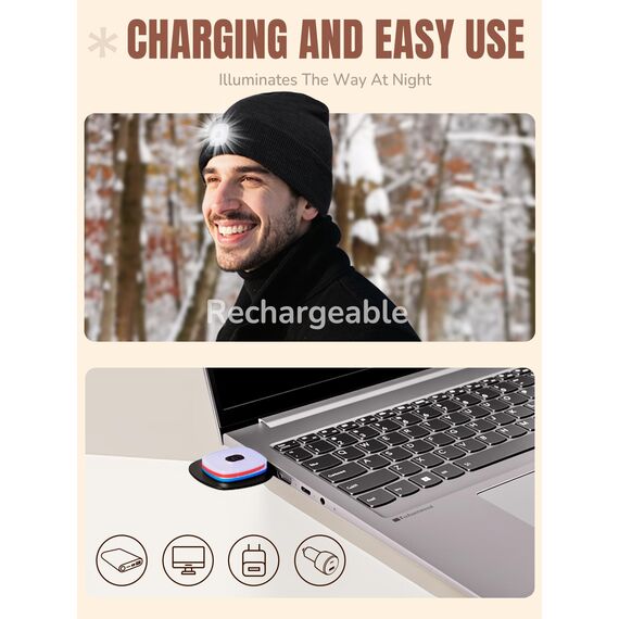 SPGOOD LED Beanie Beleuchtete Mütze mit Licht,Geschenke für Männer Winter Warm LED Mütze, Lampe Laufmütze für Angeln,Jogger,Camping,Laufen(Schwarz)