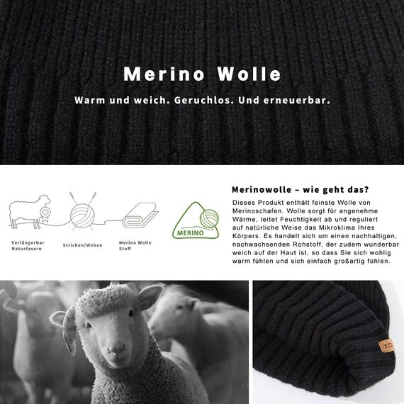 TOP-EX XL/XXL 100% Merino Wolle Fisherman Beanie Trawler Beanie Herren Damen Wintermuetze Strickmuetze Schwarz M/L