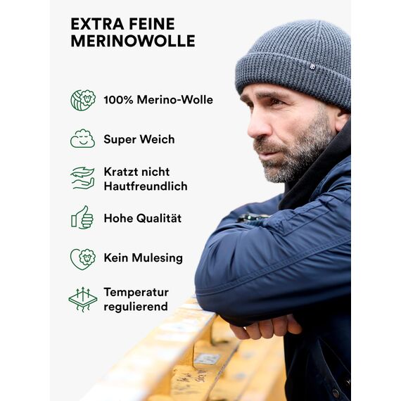 Enter the Complex® Fisherman Beanie, 100% Merino Wolle, Trawler Mütze, Fischermütze, Troyer, Ribbstrick, Damen und Herren, Schwarz