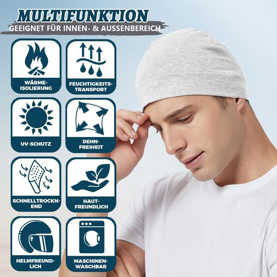 EINSKEY Fahrradmütze Unter Helm, Leichte Dünne Baumwollmütze für Herren und Damen, Perfekt als Schlafmütze, Laufmütze, Skull Cap oder Chemo Kopfbedeckung - 2er Pack