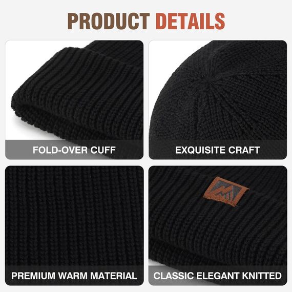 BARFULKER Beanie Mütze Herren Damen Winter, Warme Wintermütze Strickmütze Dehnbare Weiche Skimütze Winddichte Doppellagige Laufmützen Geschenke für Männer Frauen,Schwarz