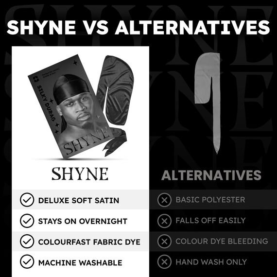 Shyne Silky Durag – Schwarz | Perfekt für Waves, Zöpfe und Locken | Premium Silk Du Rags für Männer und Frauen | Langer Schwanz | Ultraweicher und knitterfreier Satin | Black-Owned Business