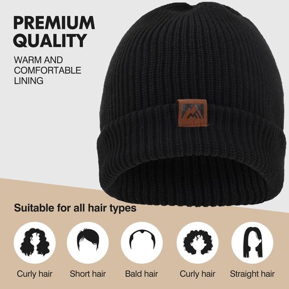 BARFULKER Beanie Mütze Damen Herren, Winter Warm Strickmütze Wintermützen Thermo Laufmützen Dehnbare Weiche Wollmütze mit Bündchen und Dickem Warmem Futter Geschenk Unisex,Schwarz