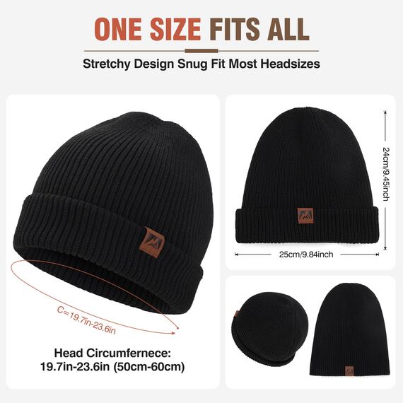 BARFULKER Beanie Mütze Herren Damen Winter, Warme Wintermütze Strickmütze Dehnbare Weiche Skimütze Winddichte Doppellagige Laufmützen Geschenke für Männer Frauen,Schwarz