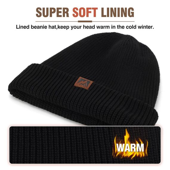 BARFULKER Beanie Mütze Herren Damen Winter, Warme Wintermütze Strickmütze Dehnbare Weiche Skimütze Winddichte Doppellagige Laufmützen Geschenke für Männer Frauen,Schwarz