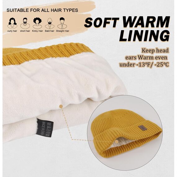 Wmcaps Mütze Herren Winter, Thermo Strickmützen für Herren, Warme Fleece Laufmütze Beanie Damen Herrenmütze Winter, Winddichte Wintermütze Männer Gefütterte und Gepolsterte Unisex-Mütze(Goldgelb)