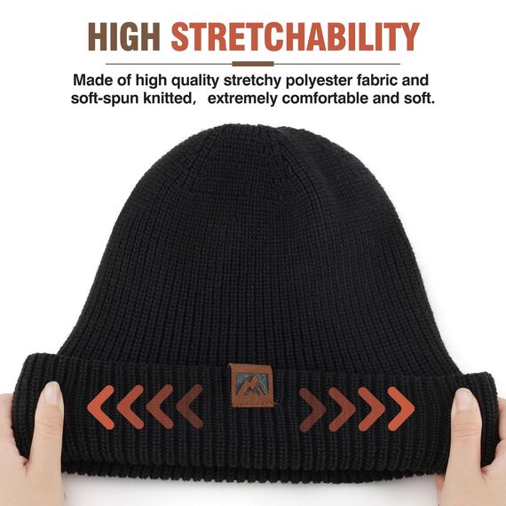 BARFULKER Beanie Mütze Herren Damen Winter, Warme Wintermütze Strickmütze Dehnbare Weiche Skimütze Winddichte Doppellagige Laufmützen Geschenke für Männer Frauen,Schwarz