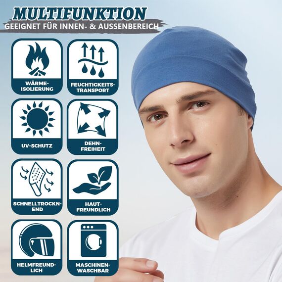 EINSKEY Fahrradmütze Unter Helm, Leichte Dünne Baumwollmütze für Herren und Damen, Perfekt als Schlafmütze, Laufmütze, Skull Cap oder Chemo Kopfbedeckung - 2er Pack