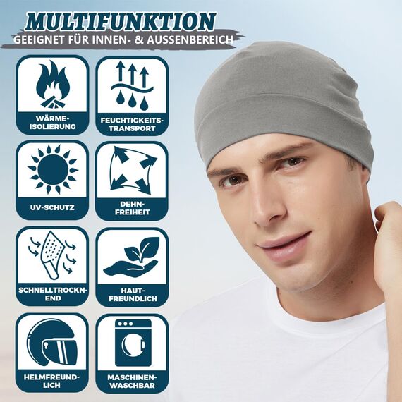 EINSKEY Fahrradmütze Unter Helm, Leichte Dünne Baumwollmütze für Herren und Damen, Perfekt als Schlafmütze, Laufmütze, Skull Cap oder Chemo Kopfbedeckung - 2er Pack