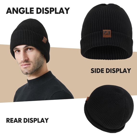BARFULKER Beanie Mütze Damen Herren, Winter Warm Strickmütze Wintermützen Thermo Laufmützen Dehnbare Weiche Wollmütze mit Bündchen und Dickem Warmem Futter Geschenk Unisex,Schwarz