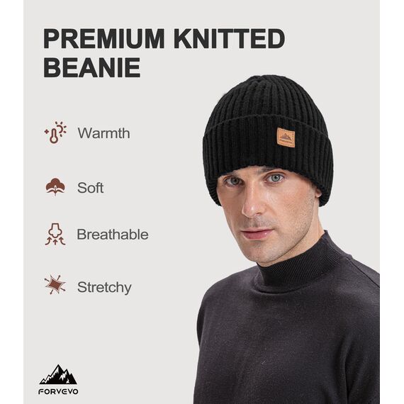 FORVEVO Mütze Herren Damen Winter, Warme Beanie Herren mit Fleece Futter, Thermo Wintermütze Männer, Winddichte Strickmützen für Unisex,Outdoor Laufen Skifahren(Schwarz)