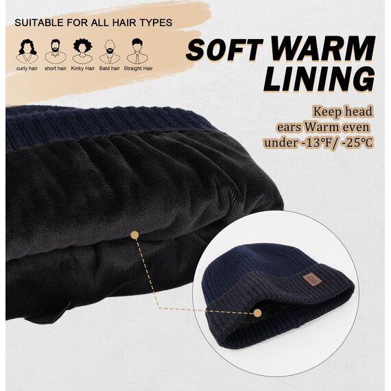 Wmcaps Mütze Herren Winter, Thermo Strickmützen für Herren, Warme Fleece Laufmütze Beanie Damen Herrenmütze Winter, Winddichte Wintermütze Männer Gefütterte und Gepolsterte (Marineblau+Dunkelgrau)