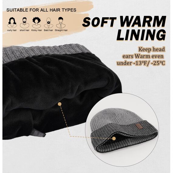 Wmcaps Mütze Herren Winter, Thermo Strickmützen für Herren, Warme Fleece Laufmütze Beanie Damen Herrenmütze Winter, Winddichte Wintermütze Männer Gefütterte und Gepolsterte (Hellgrau+Schwarz)