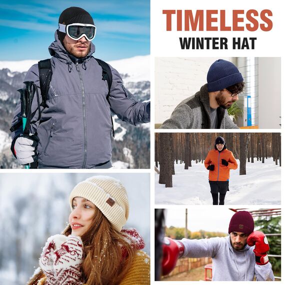 BARFULKER Beanie Mütze Herren Damen Winter, Warme Wintermütze Strickmütze Dehnbare Weiche Skimütze Winddichte Doppellagige Laufmützen Geschenke für Männer Frauen,Schwarz