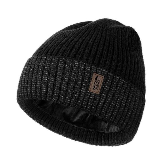 Wmcaps Mütze Herren Winter, Thermo Strickmützen für Herren, Warme Fleece Laufmütze Beanie Damen Herrenmütze Winter, Winddichte Wintermütze Männer Gefütterte und Gepolsterte (Schwarz+Dunkelgrau)
