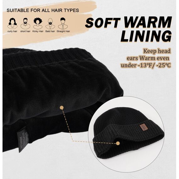 Wmcaps Mütze Herren Winter, Thermo Strickmützen für Herren, Warme Fleece Laufmütze Beanie Damen Herrenmütze Winter, Winddichte Wintermütze Männer Gefütterte und Gepolsterte (Schwarz+Dunkelgrau)
