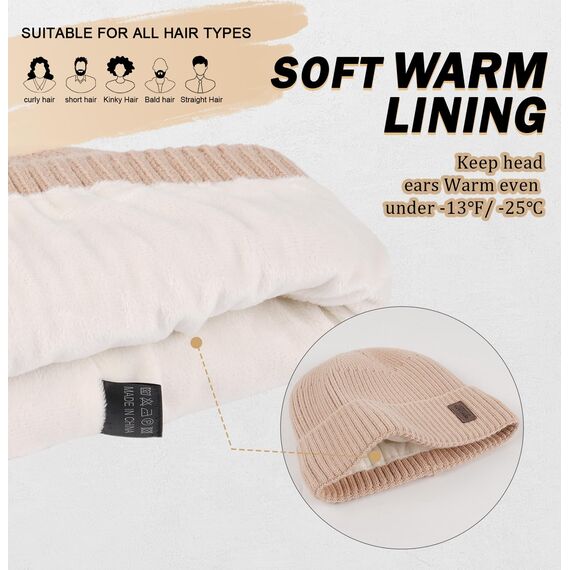 Wmcaps Mütze Herren Winter, Thermo Strickmützen für Herren, Warme Fleece Laufmütze Beanie Damen Herrenmütze Winter, Winddichte Wintermütze Männer Gefütterte und Gepolsterte Unisex-Mütze(Beige)