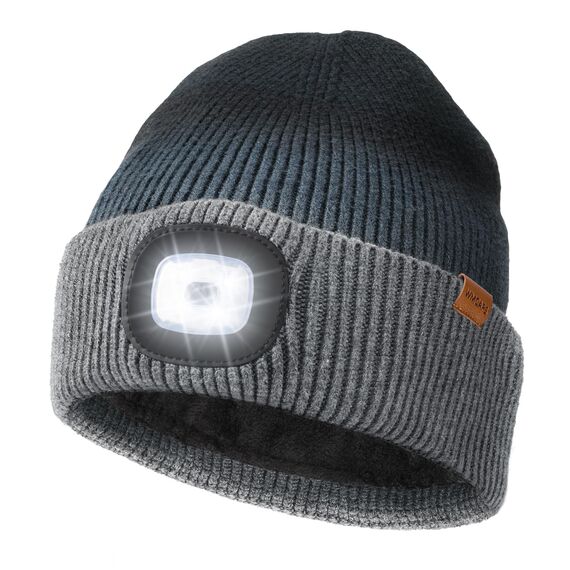 Wmcaps Mütze mit LED Licht, Wintermütze mit Dickem Warmen Futter, Integrierte Beleuchtete Type-C Wiederaufladbare Freihändige Stirnlampe, Geschenke für Männer Frauen,Batik Blaugrau