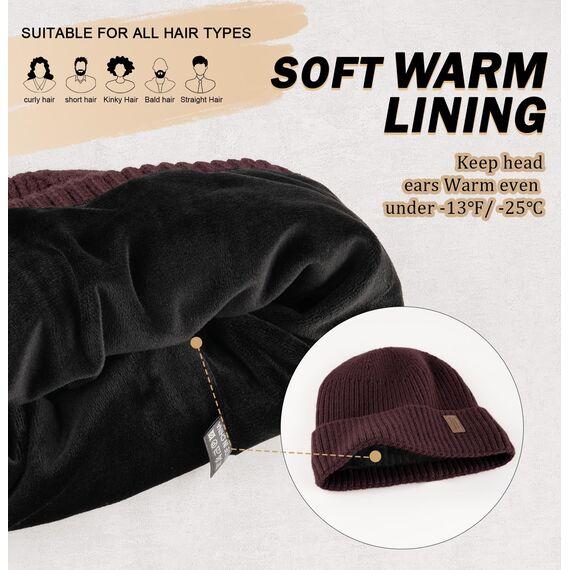 Wmcaps Mütze Herren Winter, Thermo Strickmützen für Herren, Warme Fleece Laufmütze Beanie Damen Herrenmütze Winter, Winddichte Wintermütze Männer Unisex-Mütze(Weinrot)