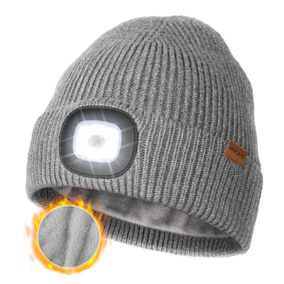 Wmcaps Mütze mit LED Licht, Wintermütze mit Dickem Warmen Futter, Integrierte Beleuchtete Type-C Wiederaufladbare Freihändige Stirnlampe, Geschenke für Männer Frauen, Grau