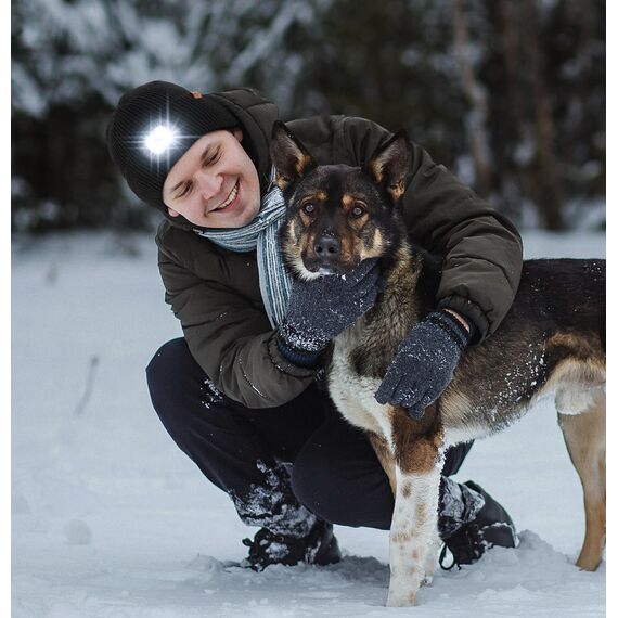Wmcaps Mütze mit LED Licht, Wintermütze mit Dickem Warmen Futter, Integrierte Beleuchtete Type-C Wiederaufladbare Freihändige Stirnlampe, Geschenke für Männer Frauen, Grau