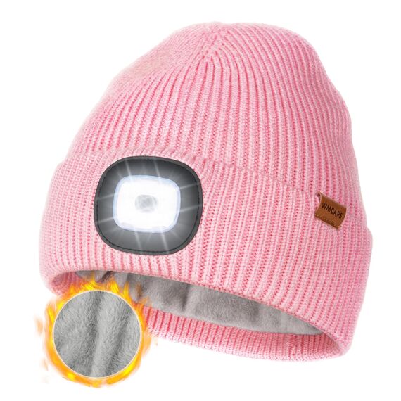 Wmcaps Mütze mit LED Licht, Wintermütze mit Dickem Warmen Futter, Integrierte Beleuchtete Type-C Wiederaufladbare Freihändige Stirnlampe, Geschenke für Männer Frauen, Rosa