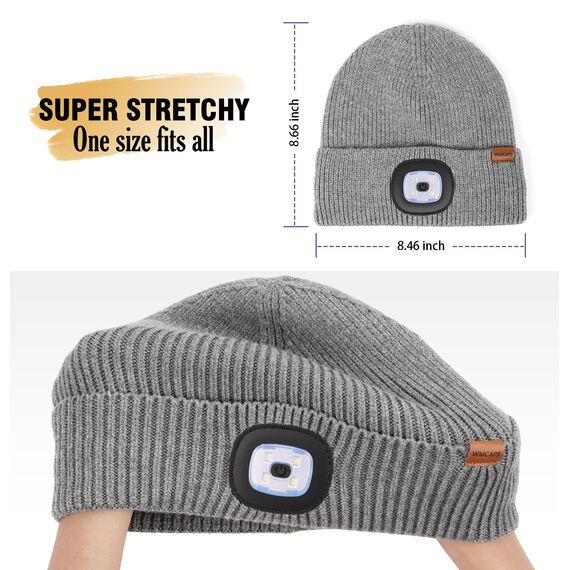 Wmcaps Mütze mit LED Licht, Wintermütze mit Dickem Warmen Futter, Integrierte Beleuchtete Type-C Wiederaufladbare Freihändige Stirnlampe, Geschenke für Männer Frauen, Grau