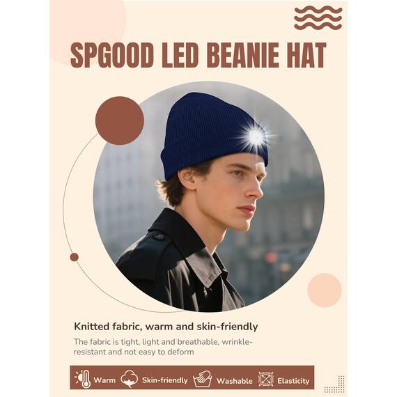 SPGOOD LED Beanie Beleuchtete Mütze mit Licht,Geschenke für Männer Winter Warm LED Mütze, Lampe Laufmütze für Angeln,Jogger,Camping,Laufen(Schwarz&Marine)