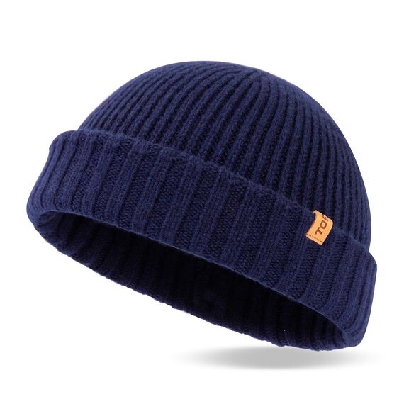 TOP-EX XL/XXL 100% Merino Wolle Fisherman Beanie Trawler Beanie Herren Damen Wintermuetze Strickmuetze Blau M/L