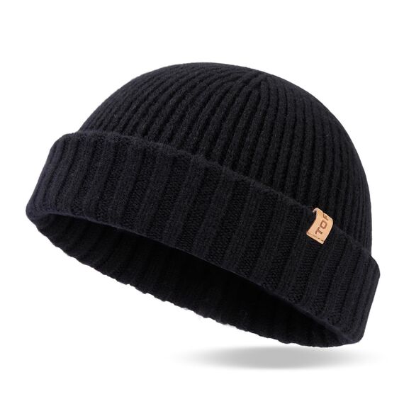 TOP-EX XL/XXL 100% Merino Wolle Fischer Beanie Herren KurzTrawler Beanie Mütze Damen Wintermuetze Strickmuetze Schwarz XL/XXL