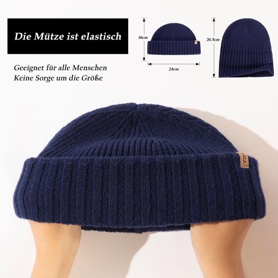 TOP-EX XL/XXL 100% Merino Wolle Fisherman Beanie Trawler Beanie Herren Damen Wintermuetze Strickmuetze Blau XL/XXL