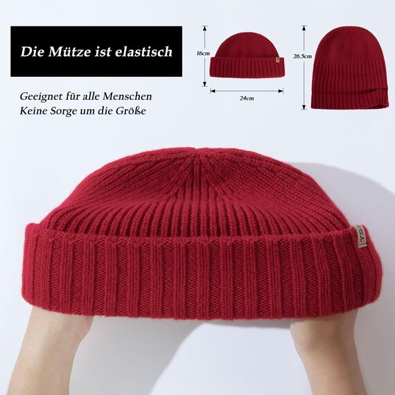 TOP-EX XL/XXL 100% Merino Wolle Fischer Beanie Herren KurzTrawler Beanie Mütze Damen Wintermuetze Strickmuetze Rot XL/XXL