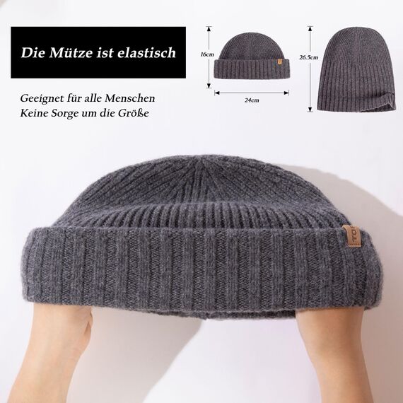 TOP-EX XL/XXL 100% Merino Wolle Fischer Beanie Herren KurzTrawler Beanie Mütze Damen Wintermuetze Strickmuetze Grau XL/XXL