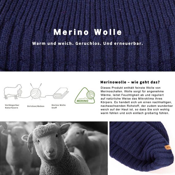 TOP-EX XL/XXL 100% Merino Wolle Fisherman Beanie Trawler Beanie Herren Damen Wintermuetze Strickmuetze Blau M/L
