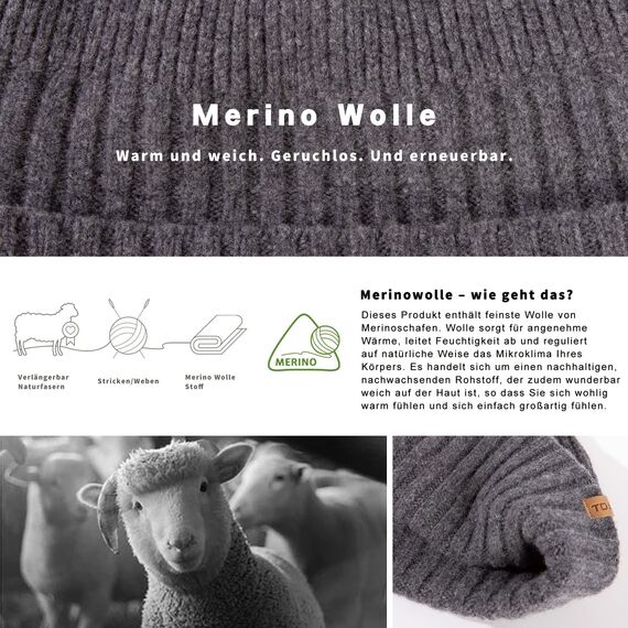 TOP-EX XL/XXL 100% Merino Wolle Fisherman Beanie Trawler Beanie Herren Damen Wintermuetze Strickmuetze Grau M/L