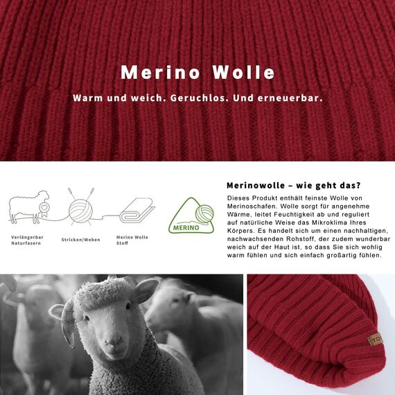 TOP-EX XL/XXL 100% Merino Wolle Fischer Beanie Herren KurzTrawler Beanie Mütze Damen Wintermuetze Strickmuetze Rot XL/XXL