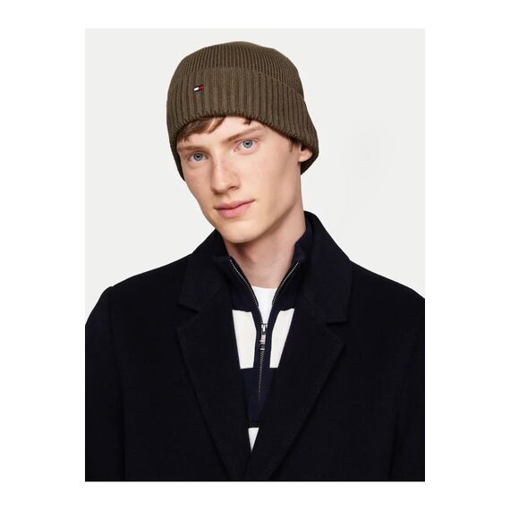 Tommy Hilfiger Herren Strickmütze Flag Cotton Beanie mit Kaschmir, Mehrfarbig (Army Green), Einheitsgröße