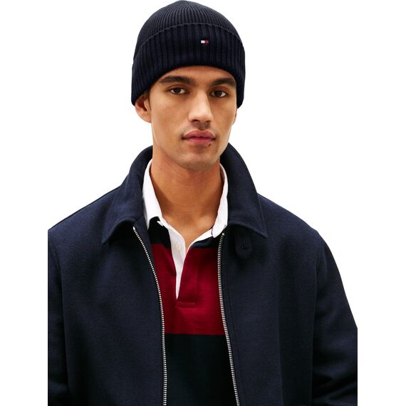 Tommy Hilfiger Herren Strickmütze Flag Cotton Beanie mit Kaschmir, Blau (Space Blue), Einheitsgröße