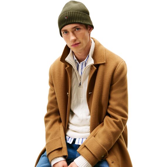 Tommy Hilfiger Herren Strickmütze Flag Cotton Beanie mit Kaschmir, Grün (Foxhunt Green), Einheitsgröße
