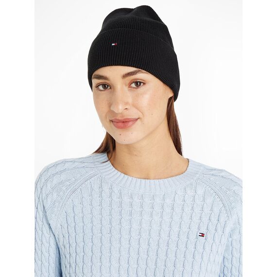Tommy Hilfiger Damen Strickmütze Essential Flag Wintermütze, Schwarz (Black), Onesize