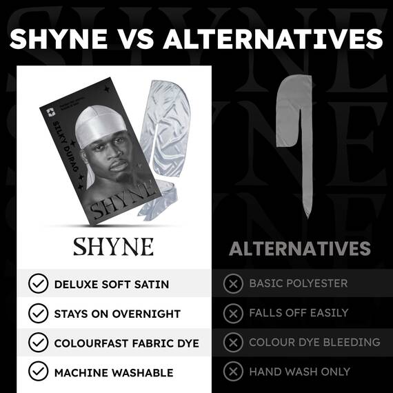 Shyne Silky Durag – Silber | Perfekt für Waves, Zöpfe und Locken | Premium Silk Du Rags für Männer und Frauen | Langer Schwanz | Ultraweicher und knitterfreier Satin | Black Owned Business