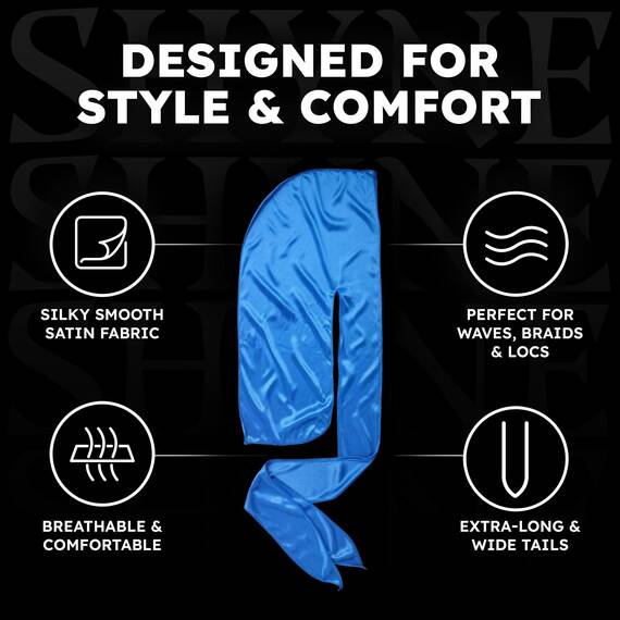 SHYNE Silky Durag – Blau | Perfekt für Waves, Zöpfe und Locken | Premium Silk Du Rags für Männer und Frauen | Langer Schwanz | Ultraweicher und knitterfreier Satin | Black Owned Business