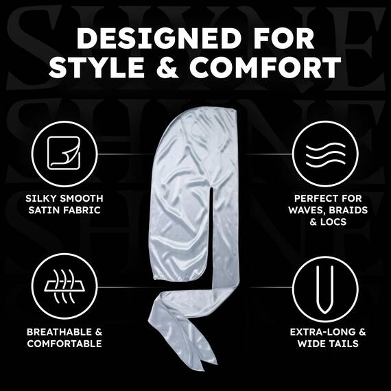 Shyne Silky Durag – Silber | Perfekt für Waves, Zöpfe und Locken | Premium Silk Du Rags für Männer und Frauen | Langer Schwanz | Ultraweicher und knitterfreier Satin | Black Owned Business