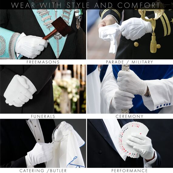 THE MASONIC COLLECTION Schlichte Baumwollhandschuhe für Herren – Weich und leicht – Waschbares und Wiederverwendbares Material – Druckknopfverschluss – Geschenkaccessoire für Männer