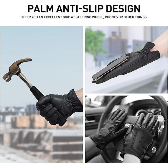 BISON DENIM Herren Thermo Winterhandschuhe Echtleder Handschuhe Touchscreen Lederhandschuhe Warme mit Fleece gefütterte Handschuhe Winddicht Wasserdicht