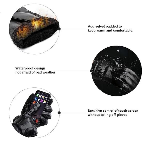 BISON DENIM Herren Thermo Winterhandschuhe Echtleder Handschuhe Touchscreen Lederhandschuhe Warme mit Fleece gefütterte Handschuhe Winddicht Wasserdicht