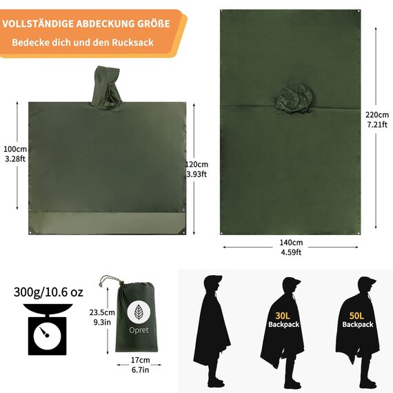 Opret Wasserdicht Regenponcho Damen Herren, Leicht Atmungsaktiv Regencape 3-in-1-Multifunktional Regenmantel Regenschutz Regen Poncho für Wandern und Camping