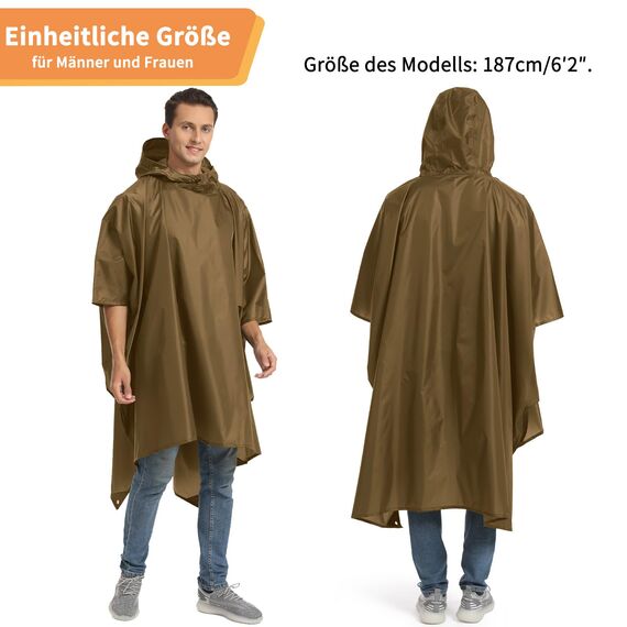 Opret Wasserdicht Regenponcho Damen Herren, Leicht Atmungsaktiv Regencape 3-in-1-Multifunktional Regenmantel Regenschutz Regen Poncho für Wandern und Camping-Khaki